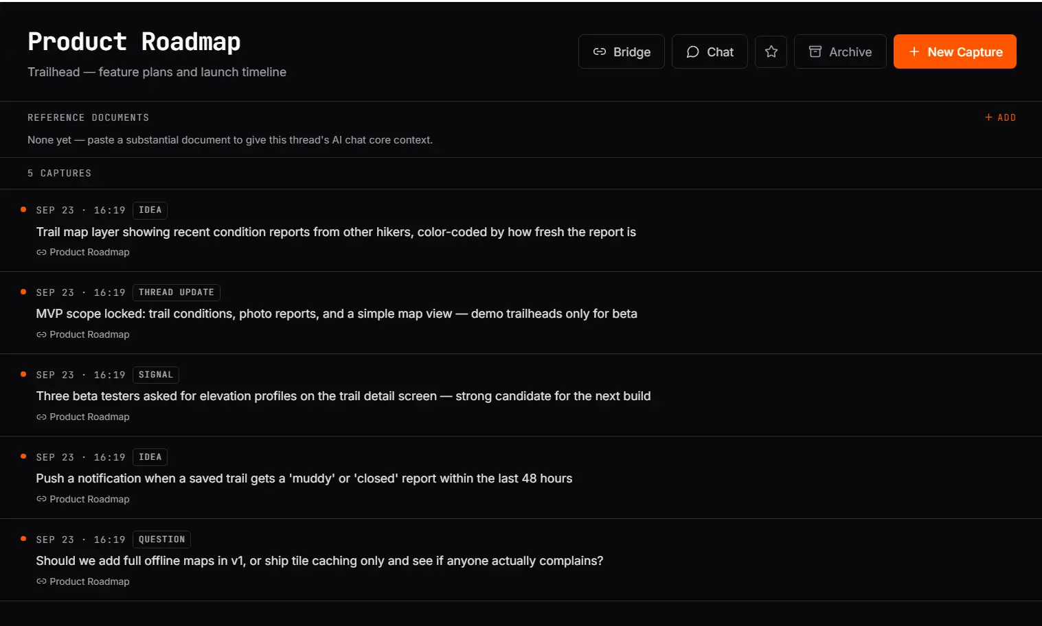 Fictional Trailhead Product Roadmap thread in Thought Ledger